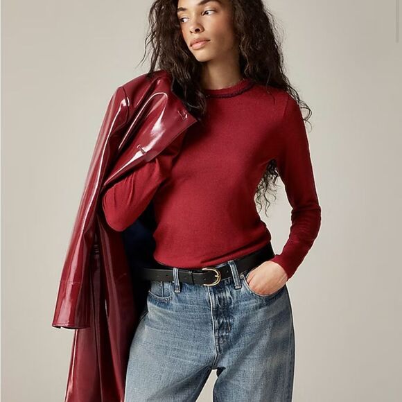 J Crew Carolyn embellished fitted crewneck sweater in merino wool Large Burgundy - Picture 1 of 11